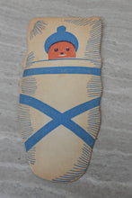 Indlæs billede til gallerivisning Festpynt af karton med storke, baby mm 1940´erne