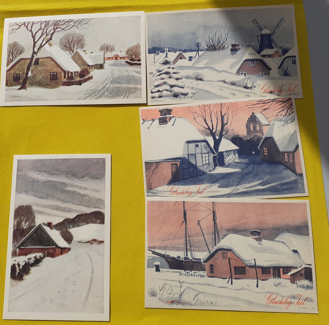 5 gamle julekort med huse og vinter