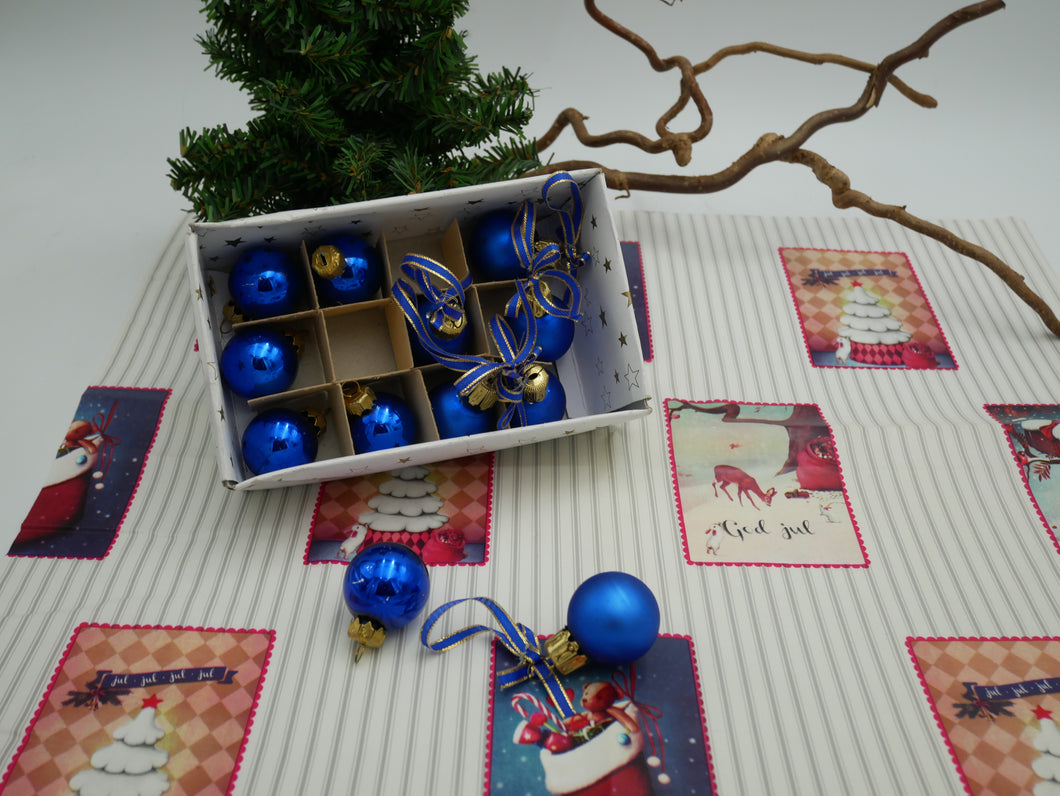 12 små blå jule glaskugler L30