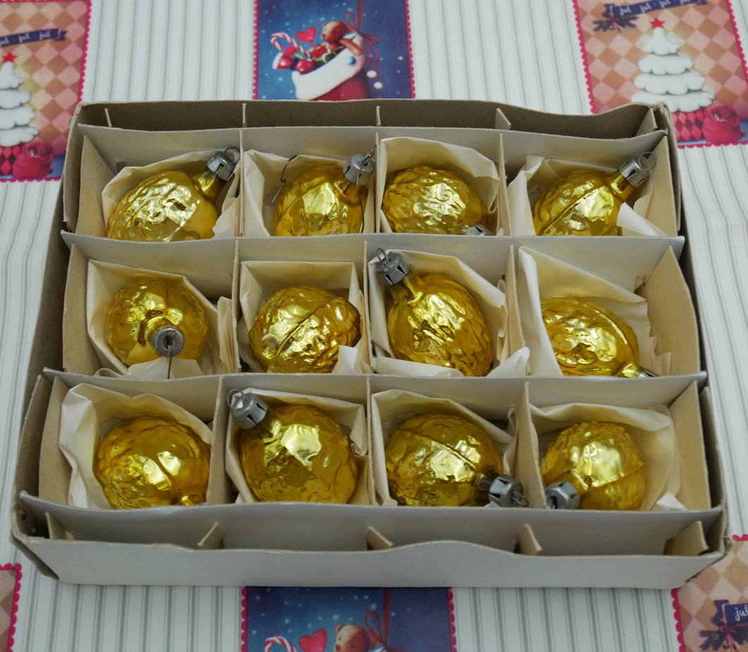 12 gamle glas julekugler valnødder guldfarvede L28