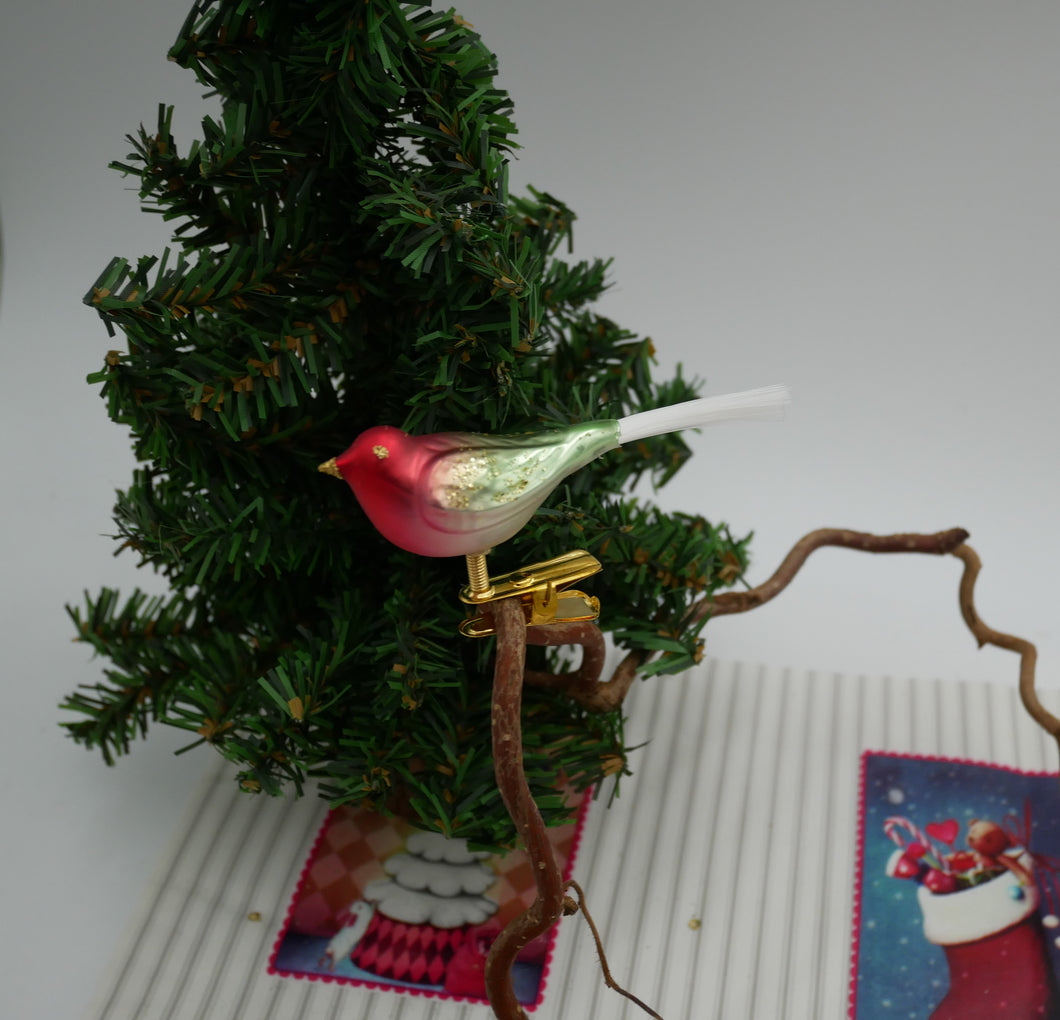 Ældre jule glaspynt fugl med glimmer på vingerne