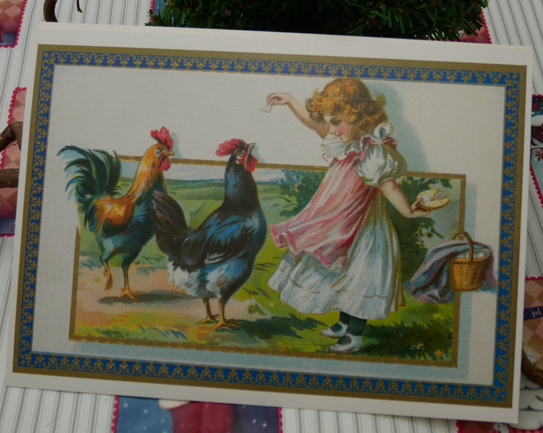 Stort postkort med pige og høns