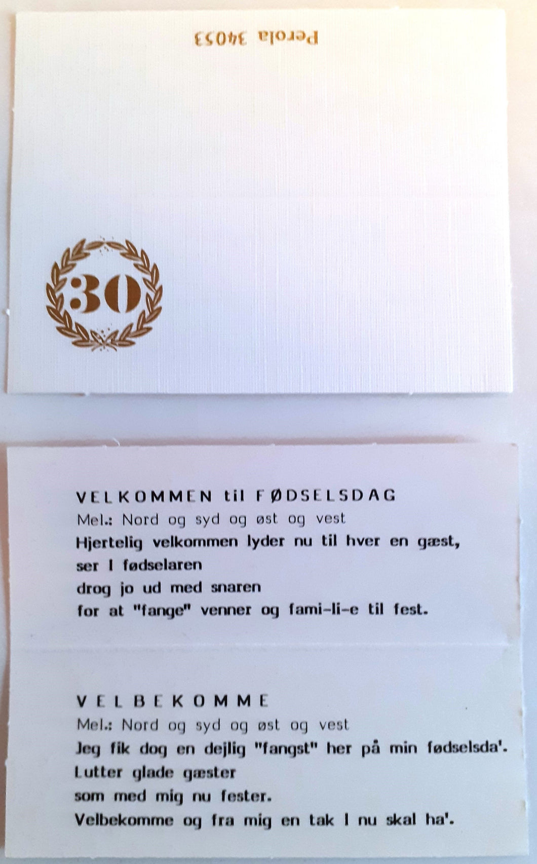 10 Bordkort med sange til 30 års fødselsdag