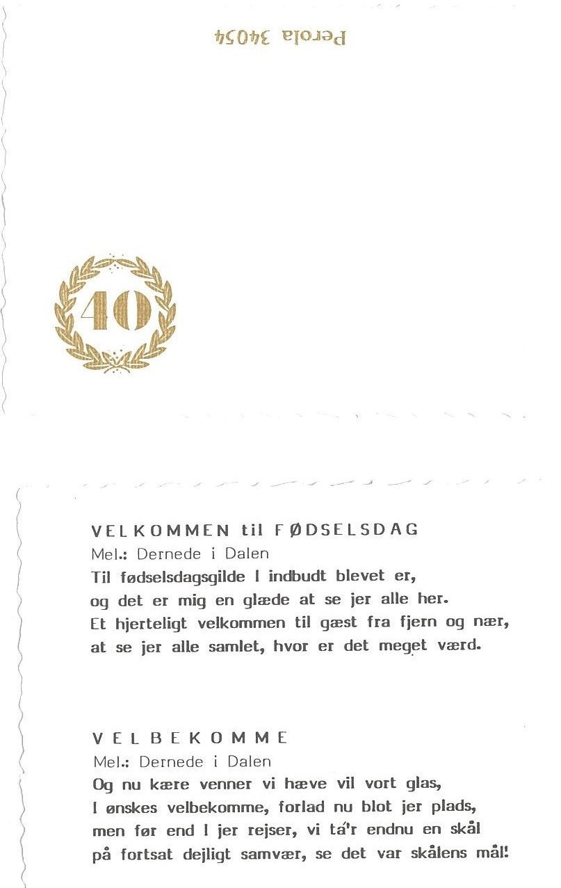 10 Bordkort med sange til 40 års fødselsdag