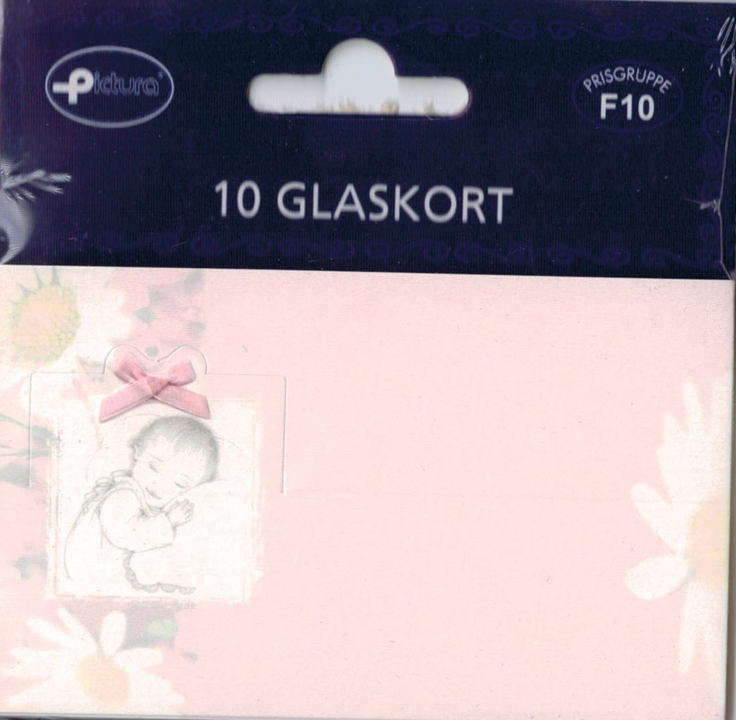 10 Glaskort barnedåb lyserød med sløjfe