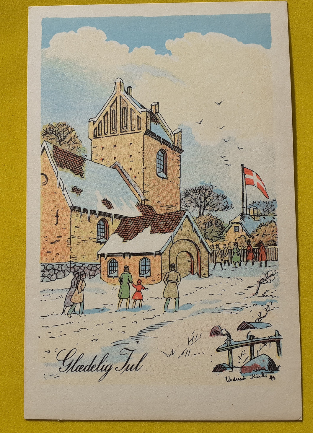 Julepostkort med gul kirke