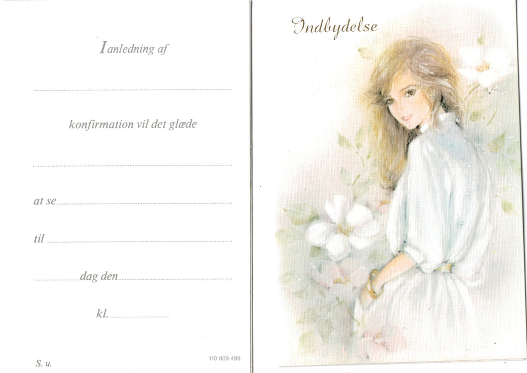 Ældre dobbelte indbydelseskort til pige hvide blomster