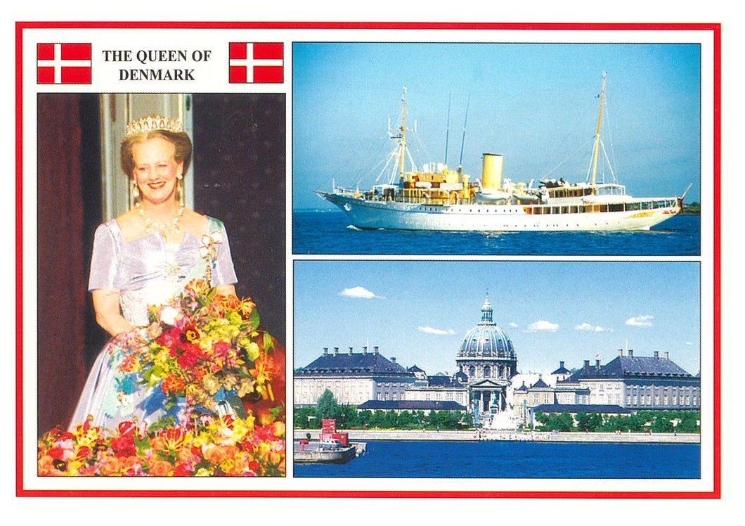 Postkort med Dronning Magrethe, Kongeskibet og Amalienborg