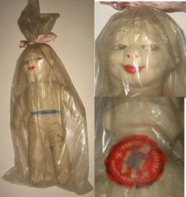 Flot pjerrot dukke fundet i original pose fra 1940´erne KRØLTOP LEGETØJ